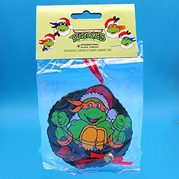 Vintage 1991 Teenage Mutant Ninja Turtles Michelangelo in Wreath wi/ Bell Christ - Picture 1 of 7